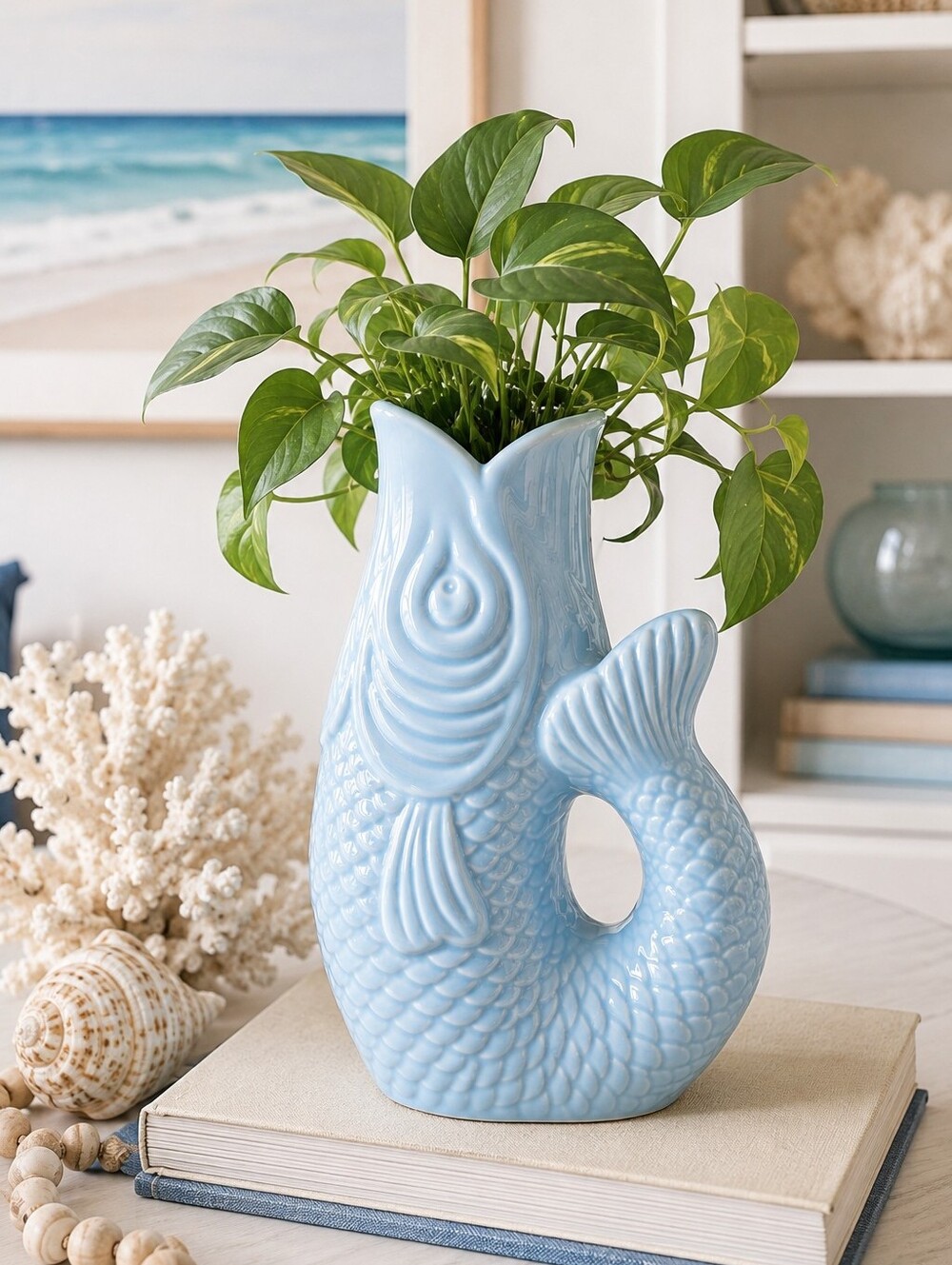 Flying Tiger Ceramic Fish Vase Light Blue Coastal Nautical Decor 8" Tall